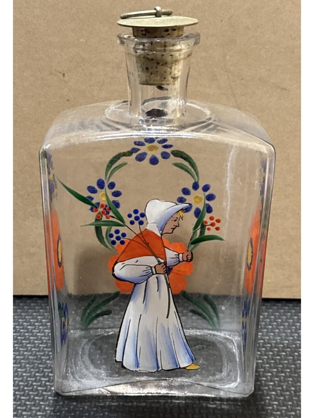 Vtg SWEDEN JOHANSFORS Hand Painted Decanter Bottle FOLKART Peasant
